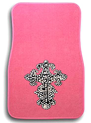 Universal Fit Front/Rear 4-Piece Full Set Crystal Bling Rhinestone Design Studded Carpet Car SUV Truck Pink Floor Mats - Pack of 4 (Greek Cross-Pink) - color: Greek Cross-Pink