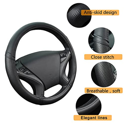 CAR PASS Leather Two Front Car Seat Cover; 4Pcs Waterproof Car Floor Mats & Steering Wheel Cover,Universal Fit Airbag Compatible Automotive Interior Covers (Combo Set, Black) - color: black combo sets