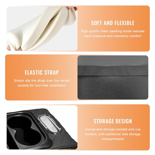 Car Center Console Armrest Pillow, 5-in-1 Armrest Cushion w/ 2 Side Bags, Tissue Box Slot, Cup & Phone Holder, Leather Auto Arm Rest Cover Storage Organizer (Black, Embroidered)