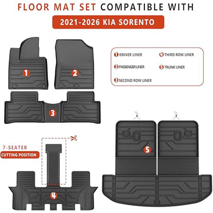 KARPAL Floor Mats for 2021-2026 Kia Sorento LX/S/EX/SX 6&7 Seats (Not Fit Hybrid & PHEV), All Weather TPE Custom Fit Floor Liners Car Mats Kia Sorento Accessories, 1st & 2nd & 3rd Row & Trunk Mat - style: 2021-2026 | For Kia Sorento | Combo Set