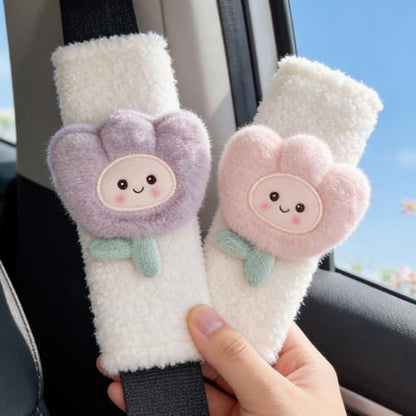4 PCS Seat Belt Cover Pad, Cute Flower Floral Seatbelt Covers, Winter Plush Fluffy Soft Seatbelt Cushion, Car Seat Strap Pads (4 Colors)