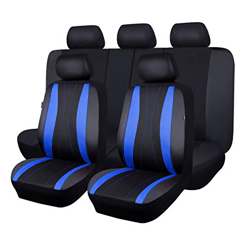 Flying Banner car seat Covers Full Set Faux Leather Air Mesh Breathable Man Lady Airbag Compatible Rear Bench Split 40/60 50/50 60/40 Truck Pick Up (Full Set - Low Back, Black Blue) - color: Black Blue