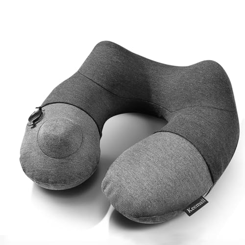 Keemall Inflatable Travel Neck Pillow, Airplane Neck Pillow for Long Flight Sleeping,Soft 100% Cotton Travel Pillow for Plane Head Rest, Portable Traveling Essentials - color: Light Grey, size: Medium