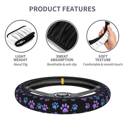 Paw Prints Steering Wheel Cover - Purple Dog Paws Steering Wheel Cover Women Men Car Cup Holder Pad 2 Pack Decor Anti-Slip Auto Neoprene Universal 15 Inch Steering Wheel