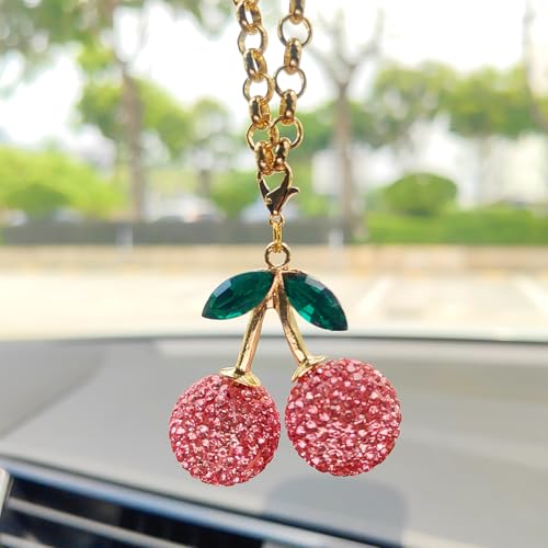 Bling Cherry Rear View Mirror Accessories, Cute Car Decor for Women, Mini Cherry with Embedded Rhinestones Decorations Car Charms Rearview Mirror Accessories - color: Pink