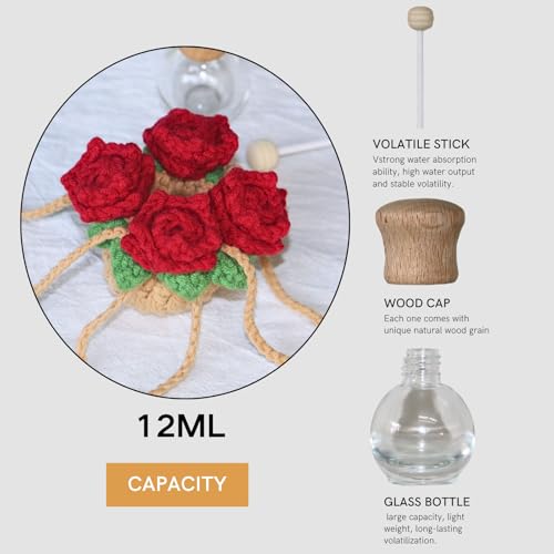 ROFIGL Handmade Crochet Hanging Car Air Freshener - Romantic Red Rose Design, 12ml Refillable Thick Glass Bottle, Car Diffuser for Rearview Mirror, Home & Office Romantic Decor - style: Rose