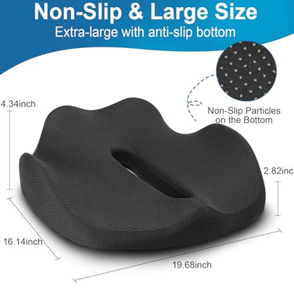 Ergonomic Seat Cushion for Office Chair &Car-Advanced Memory Foam Coccyx Pillow for Tailbone,Sciatica &Lower Back Pain Relief-Non-Slip Desk Chair Pad for Long Sitting,Posture Support-Black