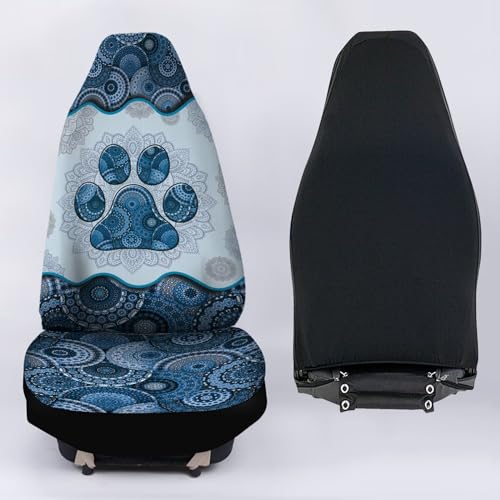 Howilath Blue Boho Mandala Dog Paw Printed Car Front Seat Covers Set of 2, Non Slip Auto Seat Covers Accessories Strength Seats Cushion Universal Fit All Vehicle Cars - color: Blue Boho Mandala Dog Paw