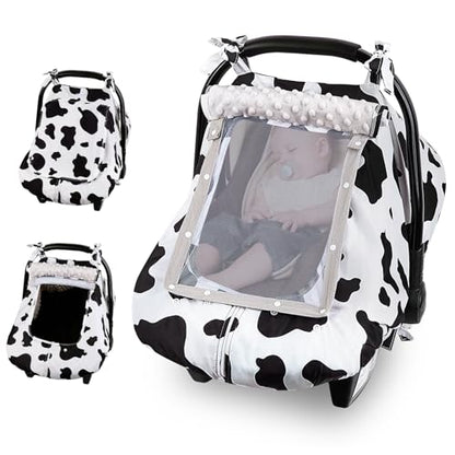 FIOBEE Baby Car Seat Cover, Car Seat Covers for Babies Infant Car Seat Canopy with Breathable Mesh Window Waterproof Carseat Cover for Babies Boy Girl 4 Seasons, White/Cow