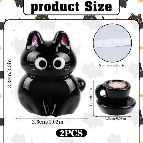 Cute Black Cat Coffee Phone Buddy - 2PCS Resin Mini Figurines, Adhesive Peel-and-Stick Decor for Kindle Cellphone Car Dashboard, Office Desk, Fun Tiny Critters Accessories - style: Black Cat Coffee