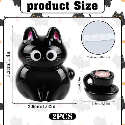 Cute Black Cat Coffee Phone Buddy - 2PCS Resin Mini Figurines, Adhesive Peel-and-Stick Decor for Kindle Cellphone Car Dashboard, Office Desk, Fun Tiny Critters Accessories - style: Black Cat Coffee