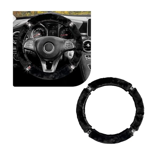 Diamond Fluffy Steering Wheel Cover, 15 Inch Bling Crystal Rhinestones Steering Wheel Protector, Winter Warm Universal Steering Wheel Pad for Women Girls, Car Accessories (Black) - color: Black