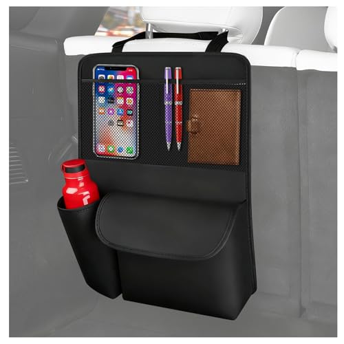 Leather Car Trunk Organizer,Large Capacity Backseat Car Organizer with 2 Mesh Pockets & Cup Holder,Detachable Hanging Cars Organizers and Storage for Family Road Trips