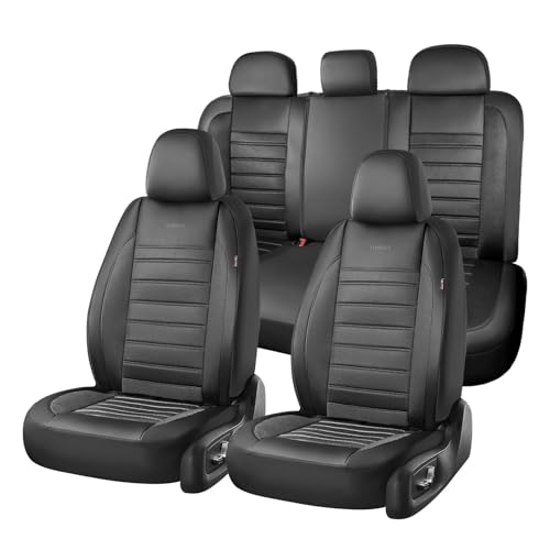 Coverado Car Seat Covers Full Set, Luxury Leather Car Seat Covers, Automotive Front and Rear Mesh Seat Covers, Full Set 5 Seats, Black Seat Covers for SUV Sedan Truck