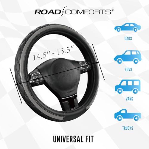 Road Comforts Leather Steering Wheel Cover – Black & Gray, Universal Fit 14.5-15 Inch, Microfiber Leather, Anti-Slip & Breathable Design for Men and Women - color: Gray
