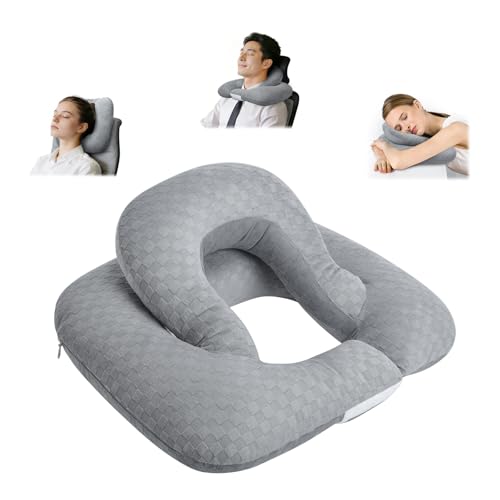 Double Layer Neck Pillow for Office, Car & Recliner, Plaid Grey | Fiber cotton fill, non-removable, whole washable, 15.7x11.8x6.3 in, oversized, headrest, lumbar support, seat cushion - color: Grey