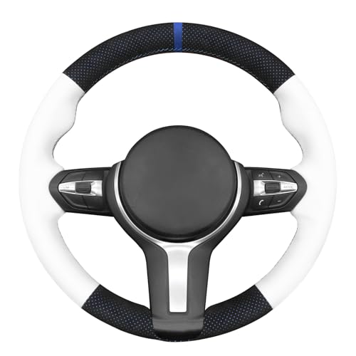 MEWANT Hand-Stitched Steering Wheel Cover for BMW (M Sport) F22 F23 F30 F34 F32 F33 F36 F10 F07 F12 F13 F06 F39 F25 F26 F15 F16, DIY Custom Fit Steering Wheel Wrap for BMW - color: 13:IT-ALCAN with blue layer & white leather