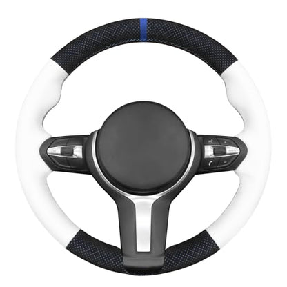 MEWANT Hand-Stitched Steering Wheel Cover for BMW (M Sport) F22 F23 F30 F34 F32 F33 F36 F10 F07 F12 F13 F06 F39 F25 F26 F15 F16, DIY Custom Fit Steering Wheel Wrap for BMW - color: 13:IT-ALCAN with blue layer & white leather