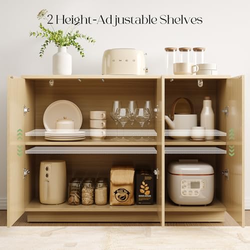 Sideboard Buffet Cabinet with Storage - 47" Fluted Coffee Bar Cabinets Credenza with Adjustable Shelves, Accent Buffets & Sideboards Console, Wood Side Board for Living Room, Kitchen, Entryway - color: Natural Wood