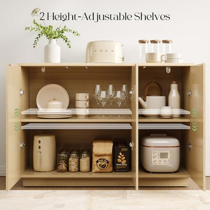 Sideboard Buffet Cabinet with Storage - 47" Fluted Coffee Bar Cabinets Credenza with Adjustable Shelves, Accent Buffets & Sideboards Console, Wood Side Board for Living Room, Kitchen, Entryway - color: Natural Wood