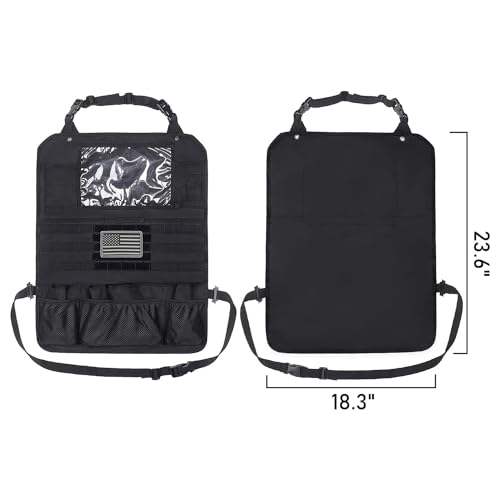 Tactical Car Seat Back Organizer Set Upgraded Tactical Molle Seatback Cover Protector Universal Fit Vehicles Truck MPV Pickup (Black with 2 Pouches)