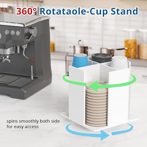KOTEMON Cup and Lid Holder, 4 Compartment, Square | Rotating Coffee Cup Dispenser Lid Carousel for Restaurant, Buffet, Coffee Station, Bar, Countertop, White Acrylic - color: White