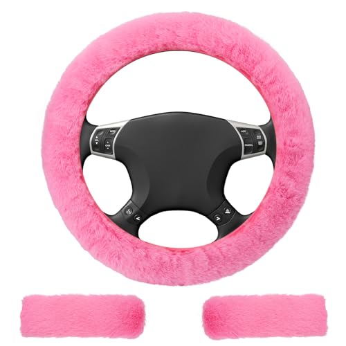 3 PCS Fluffy Steering Wheel Cover Set, 15'' Furry Car Wheel Cover, 2 Seat Belt Shoulder Pads, Anti-Slip Fur Steering Wheel Cover, Winter Warm Fluffy Car Accessories for Women, Pink - color: pink