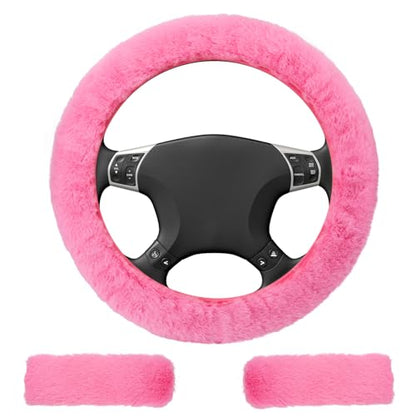 3 PCS Fluffy Steering Wheel Cover Set, 15'' Furry Car Wheel Cover, 2 Seat Belt Shoulder Pads, Anti-Slip Fur Steering Wheel Cover, Winter Warm Fluffy Car Accessories for Women, Pink - color: pink
