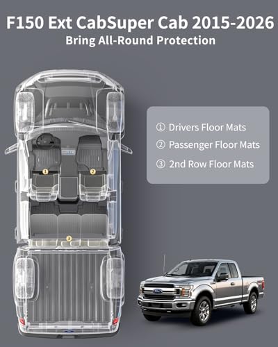 Umbrauto Custom Fit Floor Mats for Ford F150 SuperCab (Extended Cab) 2015-2025 2026 (Not for SuperCrew Cab), All Weather TPE Automotive Pickup Truck Liners for Front & Rear Row - size: F150 2015-26 SuperCab
