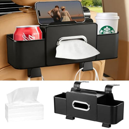 4-in-1 Back Seat Car Organizer, Upgraded Multifunctional Car Storage Box, Hanging Back Seat Storage Organizer, Partition Design, with Phone Holder, Tissue Box, 2 Cup Holders, 2 Hooks