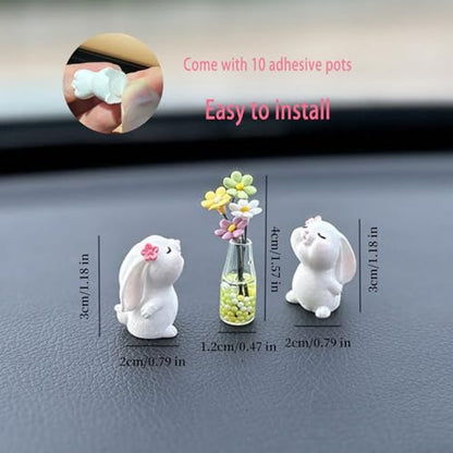 Cute Rabbit Car Dashboard Accessories Flowers Rear View Mirror Decorations, Funny Car Interior Accessories for Girls Women Daisy Charm