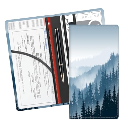 Leather Car Registration and Insurance Card Holder, Cute Car Accessories Vehicle Glove Box Car Organizer for Documents, Cards, License Fog Forest Blue Mountain - color: Fog Forest Blue Mountain