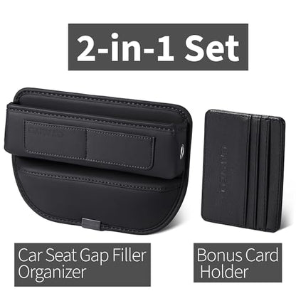 Car Seat Gap Filler Organizer with Charging Hole, In Between Car Seat Catcher for Car, Truck, SUV, Premium PU Leather Interior Accessories, Console Organizer for Phone, Keys and Small Items – Black