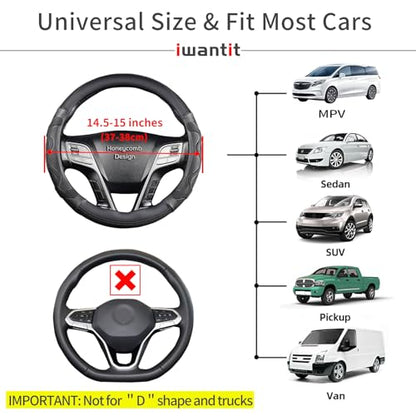 Iwantit® Car Steering Wheel Covers with 3D Silicone Honeycomb for Men,Anti-Slip Design and Breathable Fabric,Universal Fit 14.5-15 Inches (Full Black) - color: 001-Full BlacK