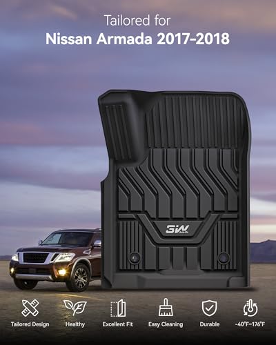3W Floor Mats Fit for Nissan Armada 2017 2018 / Infiniti QX80 2014-2018 / Infiniti QX56 2011-2013, All Weather TPE Custom Fit Car Accessories 1st and 2nd Row Full Set Car Mats, Black - size: 2.Armada|17-18|Floor Mats