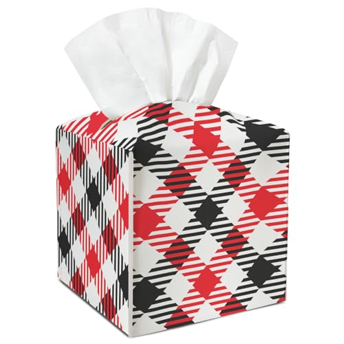 Red Black Strip Tissue Box Cover Square, Waterproof Leather Tissue Box Holder, Stylish Facial Paper Organizer Dispenser Decor for Bathroom Nightstand Vanity Desk Office Car /002 - color: Pattern2
