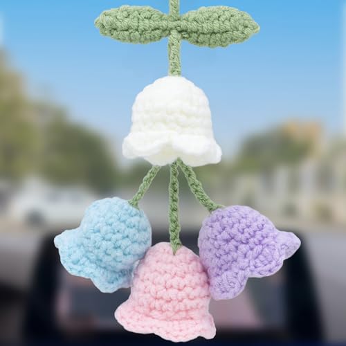 Car Mirror Hanging Accessories - Handmade Knitted Lily Flower Pendant, Cute Crochet Hanging Decor for Rearview Mirror, Women's Car Interior Decoration (Multi Color-A) - color: White-blue-pink-purple-4