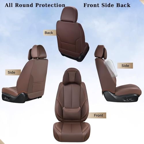 Coverado Front and Back Seat Covers, 5 Pieces Waterproof Nappa Leather Auto Seat Protectors Full Set with Head Pillow, Universal Car Accessories Fit for Most Sedans SUV Pick-up Truck, Brown