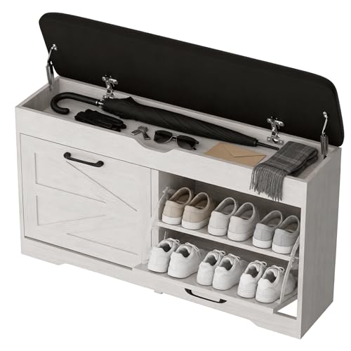 39" Shoe Storage Bench with Padded Seat Cushion & Lift Top Storage Box & 2 Flip Drawers, Small Entryway Shoe Rack Bench with 2 Doors and Adjustable Shelf, Shoes Cabinet for Hallway, Living Room, White