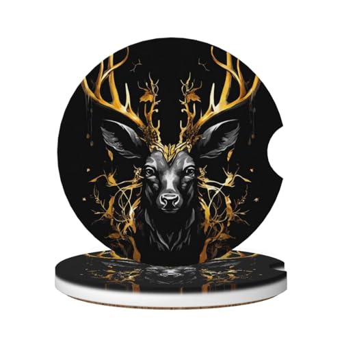 Absorbent Ceramic Car Coasters for Cup Holders, Black Gold Deer Design 2.56" Anti Slip Universal Drink Cup Coasters for Women Men (2 Pack) - color: Black Gold Deer