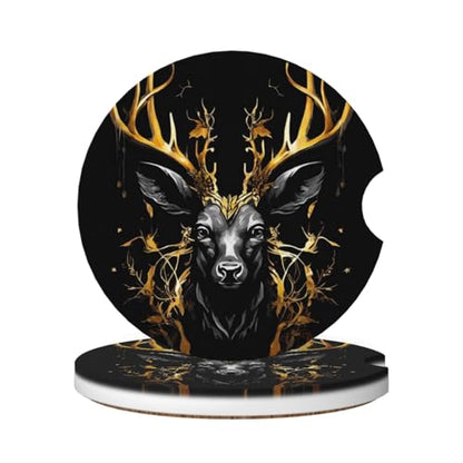 Absorbent Ceramic Car Coasters for Cup Holders, Black Gold Deer Design 2.56" Anti Slip Universal Drink Cup Coasters for Women Men (2 Pack) - color: Black Gold Deer