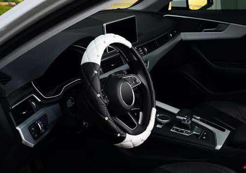 Diamond Soft Leather Steering Wheel Cover with Bling Bling Crystal Rhinestones, Universal 15 inch, Black White - color: Black and White, size: Medium(Standard) Size[14.5"-15"]