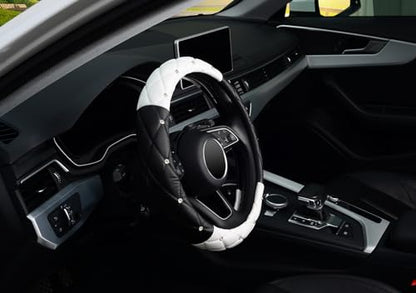 Diamond Soft Leather Steering Wheel Cover with Bling Bling Crystal Rhinestones, Universal 15 inch, Black White - color: Black and White, size: Medium(Standard) Size[14.5"-15"]