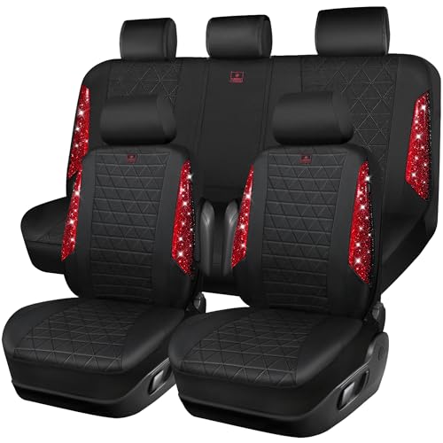 CAR PASS Oxford Bling Diamond Car Seat Covers Full Set Interior Sets, Waterproof Shining Glitter Sparkly Crystal Universal Armrest Fit 95% Automotive Truck SUV Cute Women Girl, Black Red Rhinestone - color: Red-Oxford, size: Full Set