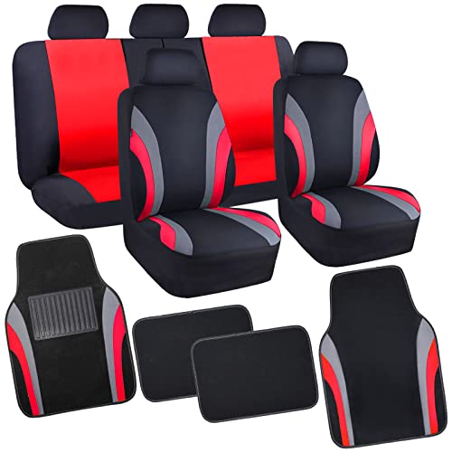 CAR PASS Line Rider Sporty Car Seat Covers Full Set with 4Pcs Waterproof Car Floor Mats Universal Fit Airbag Compatible Automotive Interior Covers for Sedans, Trucks,Vans,SUV (Combo Set, Black & Red)