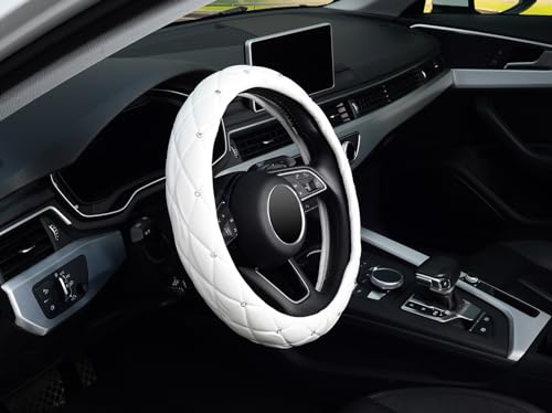 KAFEEK Diamond Soft Leather Steering Wheel Cover with Bling Bling Crystal Rhinestones, Universal 15 inch, Pure White - color: White, size: Medium(Standard) Size[14.5"-15"]
