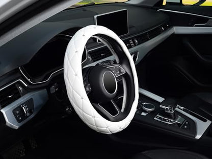 KAFEEK Diamond Soft Leather Steering Wheel Cover with Bling Bling Crystal Rhinestones, Universal 15 inch, Pure White - color: White, size: Medium(Standard) Size[14.5"-15"]