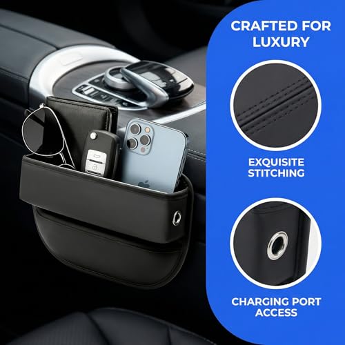 Car Seat Gap Filler Organizer, Multifunctional Auto Console Side Storage Box with Cup Holders & Phone Holder, Premium PU Leather Car Front Seat Organizer for Drinks, Sunglasses, Keys, 2 Pack Black