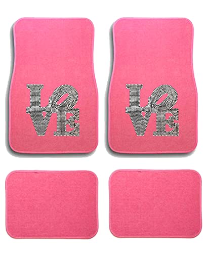 Universal Fit Front/Rear 4-Piece Full Set Love Crystal Bling Rhinestone Design Studded Carpet Car SUV Truck Floor Mats - 4 Pcs Set (Silver Love-Pink) - color: Silver Love-Pink