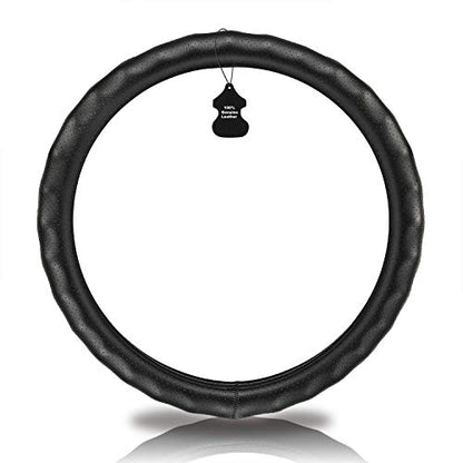 Haokay Heavy Duty Pure Cowhide Steering Wheel Cover, Black Genuine Leather Steering Wheel Cover Men Women Comfort Finger Grips Universal 14.5 to 15 Inch - color: BLACK-2